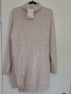 SHEIN Cream Ribbed Long Sleeve Turtleneck Sweater Dress
